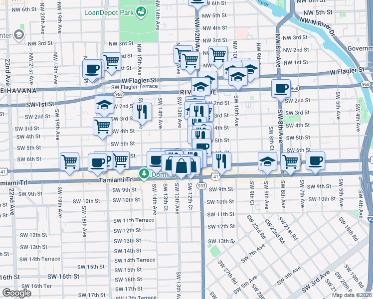 map of restaurants, bars, coffee shops, grocery stores, and more near 1244 Southwest 5th Street in Miami