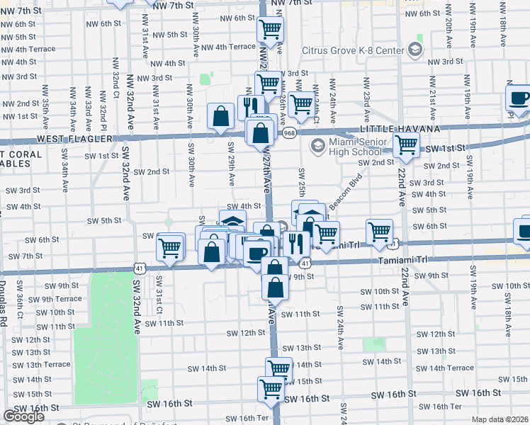 map of restaurants, bars, coffee shops, grocery stores, and more near 2725 Southwest 4th Street in Miami