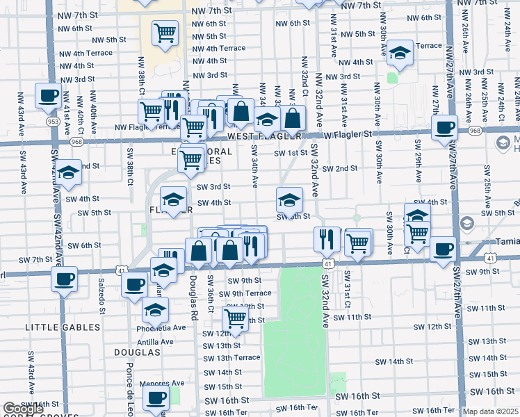 map of restaurants, bars, coffee shops, grocery stores, and more near 350 Southwest 34th Avenue in Miami