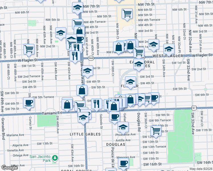 map of restaurants, bars, coffee shops, grocery stores, and more near 3940 Southwest 4th Street in Coral Gables
