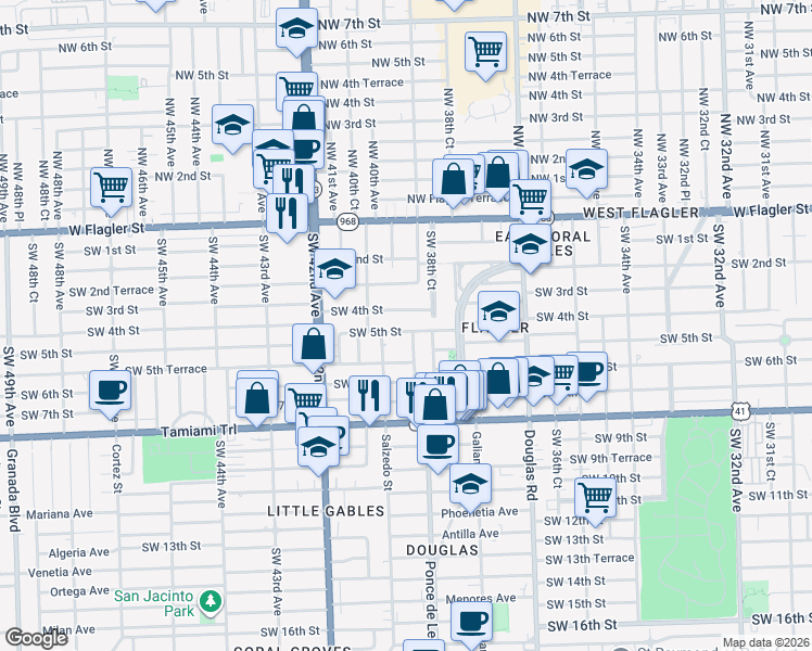 map of restaurants, bars, coffee shops, grocery stores, and more near 3940 Southwest 4th Street in Coral Gables