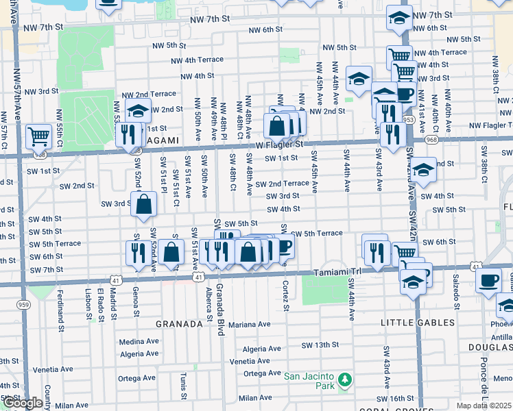map of restaurants, bars, coffee shops, grocery stores, and more near 300 Southwest 48th Avenue in Coral Gables