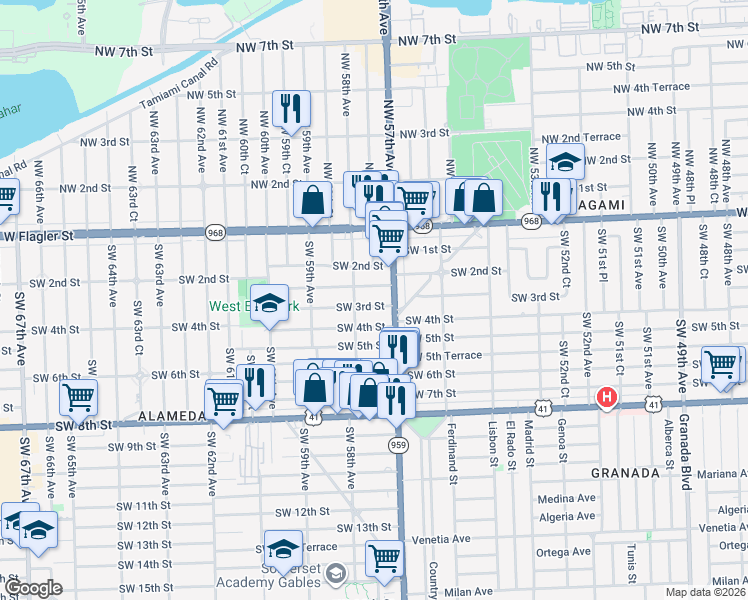 map of restaurants, bars, coffee shops, grocery stores, and more near 5756 Southwest 2nd Terrace in Miami