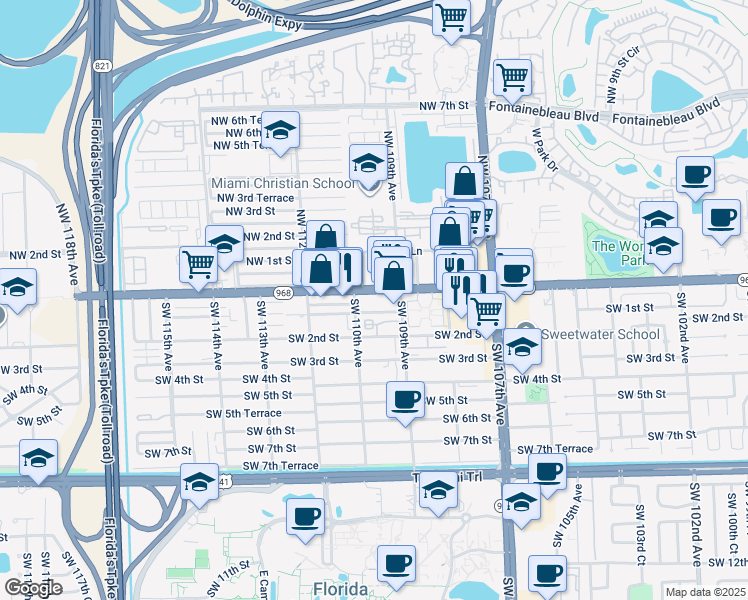 map of restaurants, bars, coffee shops, grocery stores, and more near 10951 West Flagler Street in Miami
