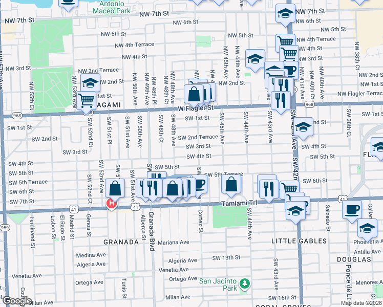 map of restaurants, bars, coffee shops, grocery stores, and more near 4740 Southwest 3rd Street in Coral Gables