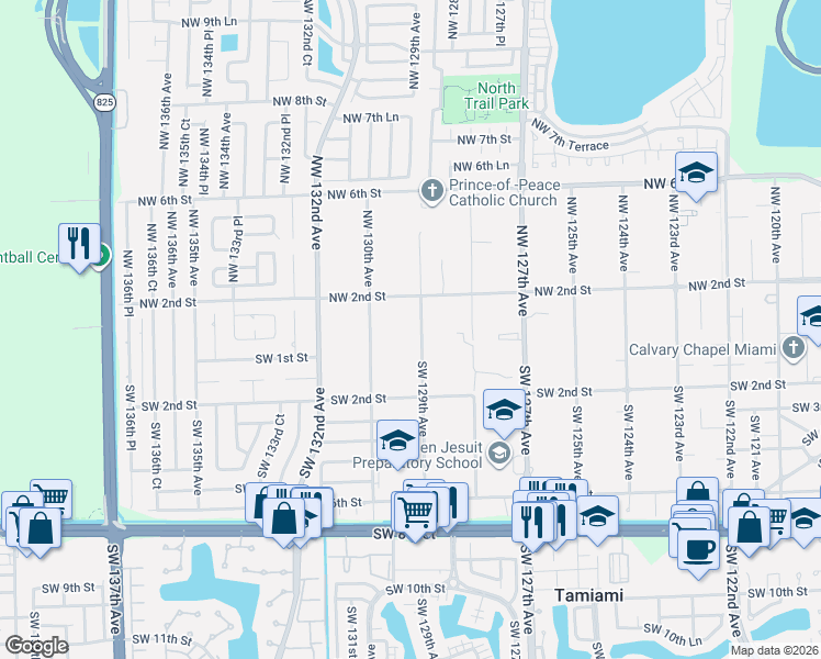 map of restaurants, bars, coffee shops, grocery stores, and more near 12900 Northwest 2nd Street in Miami