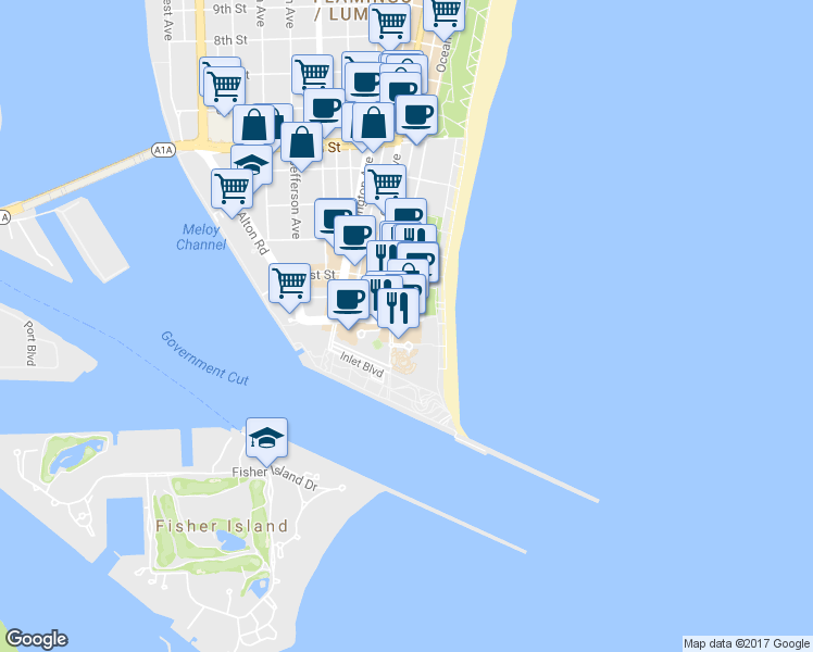 map of restaurants, bars, coffee shops, grocery stores, and more near 17 Ocean Drive in Miami Beach