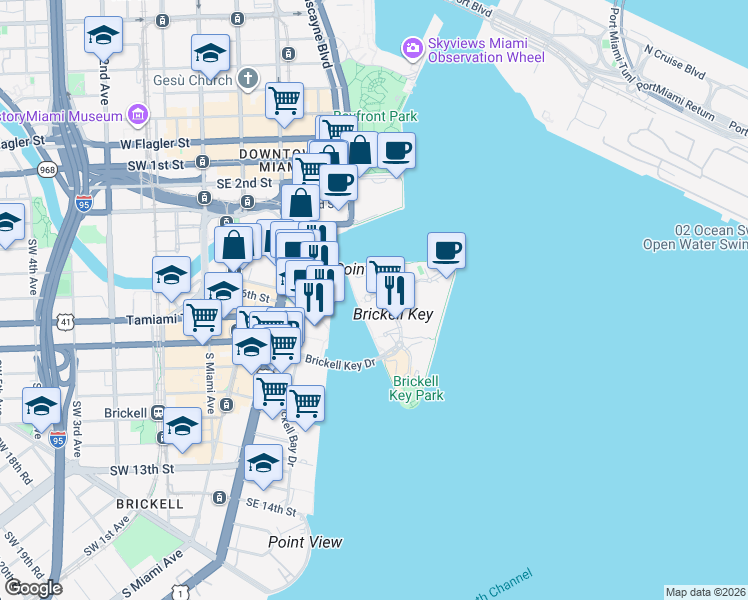 map of restaurants, bars, coffee shops, grocery stores, and more near 801 Brickell Key Boulevard in Miami