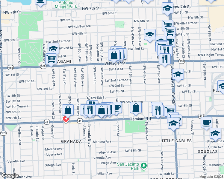 map of restaurants, bars, coffee shops, grocery stores, and more near 4740 Southwest 3rd Street in Coral Gables