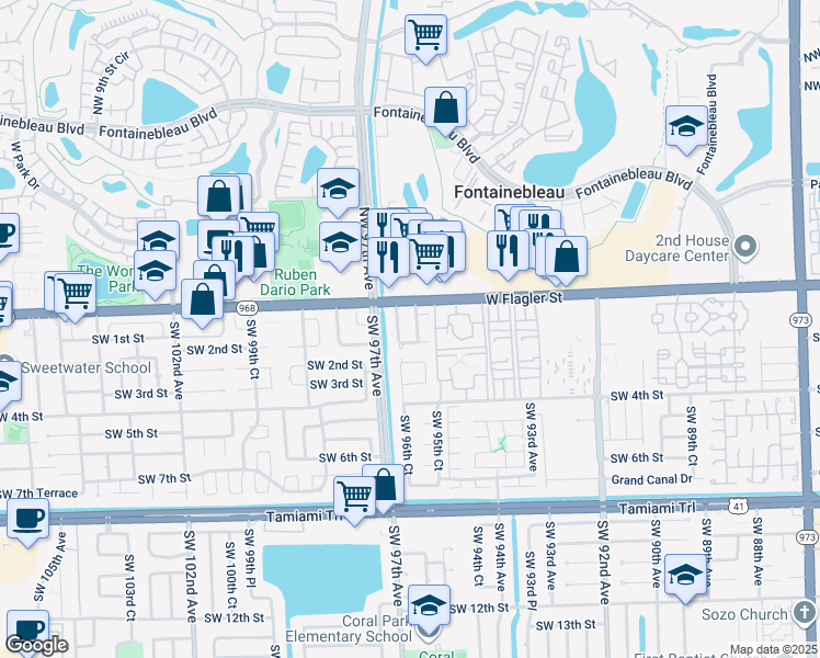 map of restaurants, bars, coffee shops, grocery stores, and more near 9584 Southwest 1st Terrace in Miami