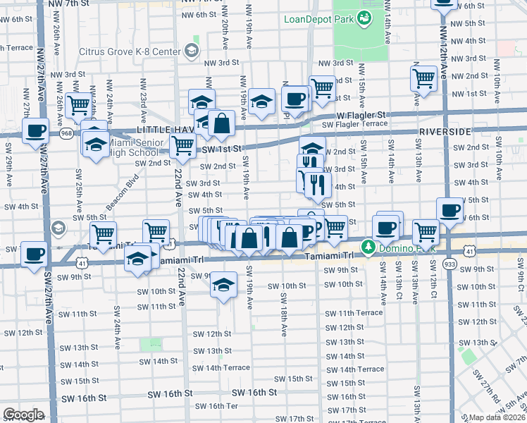 map of restaurants, bars, coffee shops, grocery stores, and more near 1869 Southwest 5th Street in Miami