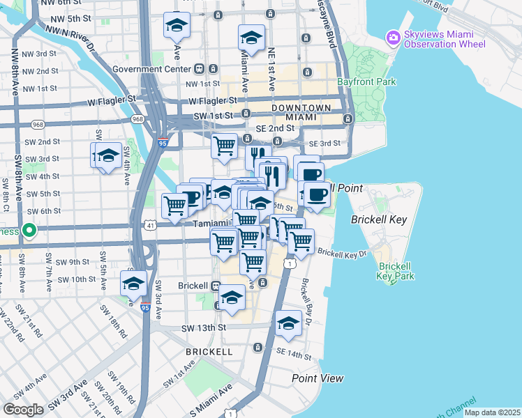 map of restaurants, bars, coffee shops, grocery stores, and more near 68 Southeast 6th Street in Miami