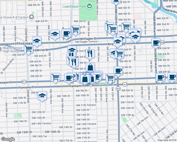 map of restaurants, bars, coffee shops, grocery stores, and more near 1523 Southwest 5th Street in Miami