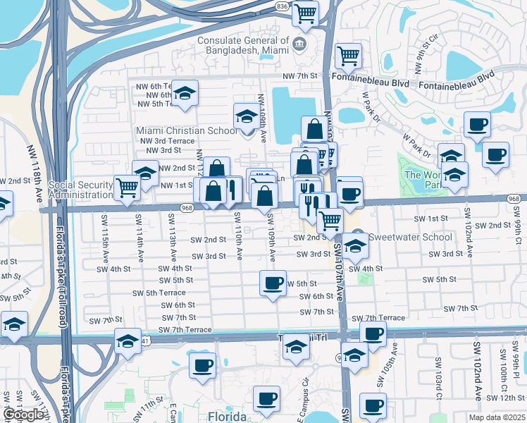 map of restaurants, bars, coffee shops, grocery stores, and more near 10900 Florida 968 in Miami