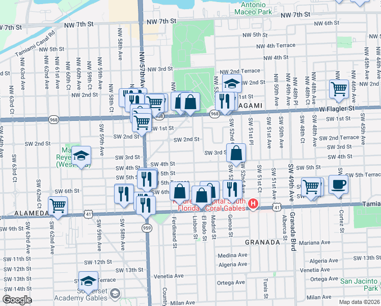 map of restaurants, bars, coffee shops, grocery stores, and more near 5515 Southwest 3rd Street in Coral Gables