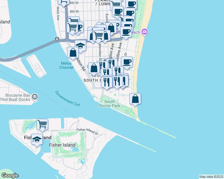 map of restaurants, bars, coffee shops, grocery stores, and more near 1 South Pointe Drive in Miami Beach