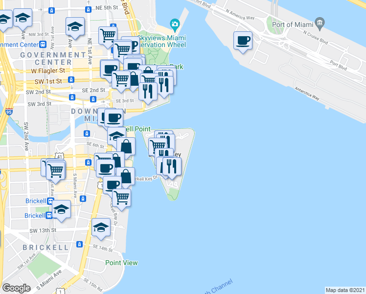 map of restaurants, bars, coffee shops, grocery stores, and more near 540 Brickell Key Drive in Miami