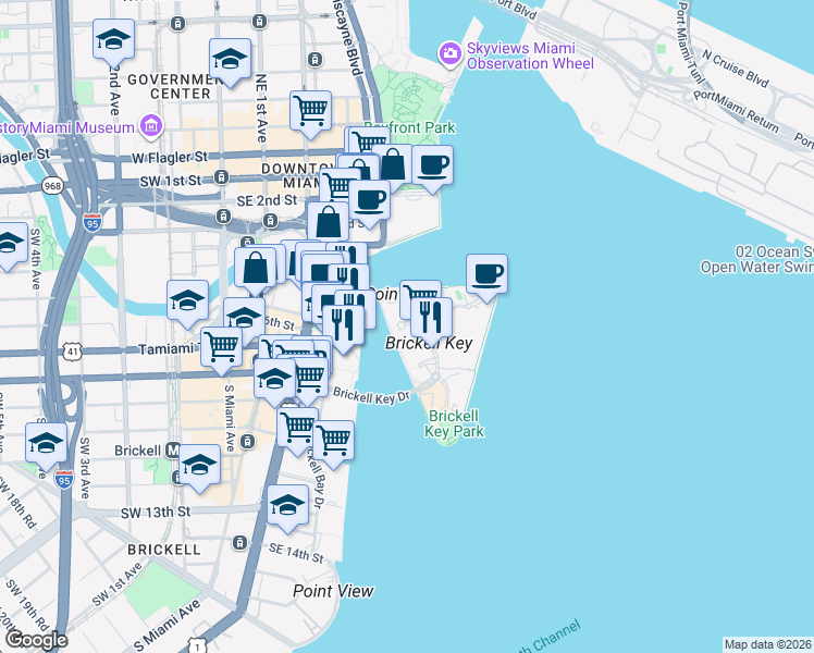map of restaurants, bars, coffee shops, grocery stores, and more near 801 Brickell Key Boulevard in Miami