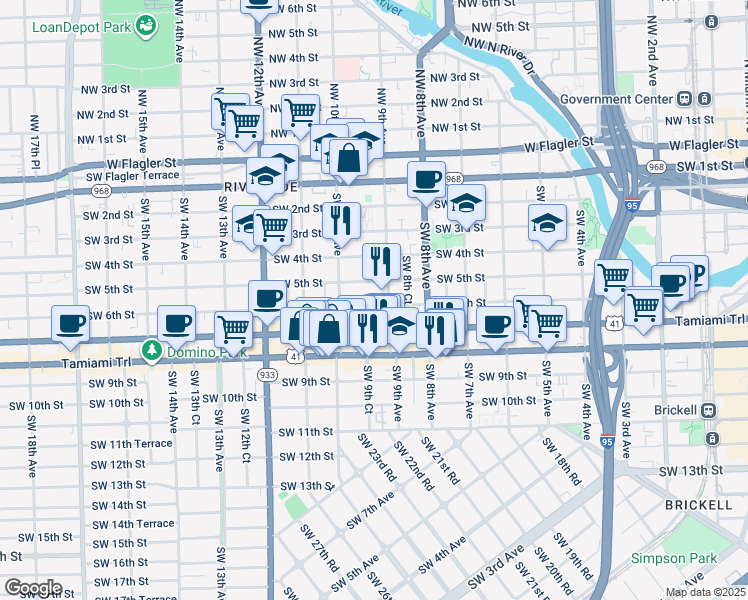 map of restaurants, bars, coffee shops, grocery stores, and more near 534 Southwest 9th Avenue in Miami