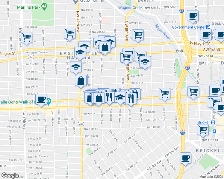 map of restaurants, bars, coffee shops, grocery stores, and more near 534 Southwest 9th Avenue in Miami