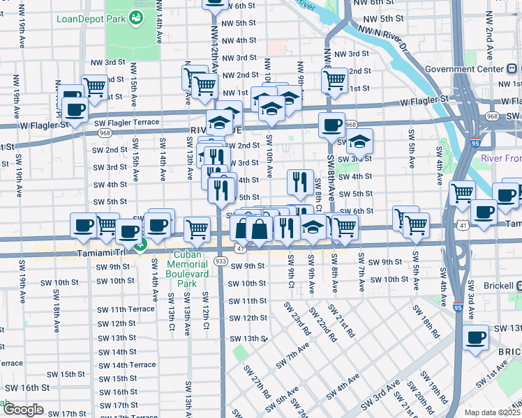 map of restaurants, bars, coffee shops, grocery stores, and more near 1060 Southwest 5th Street in Miami