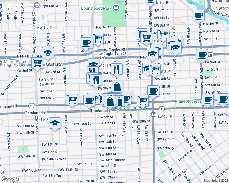 map of restaurants, bars, coffee shops, grocery stores, and more near 1523 Southwest 5th Street in Miami