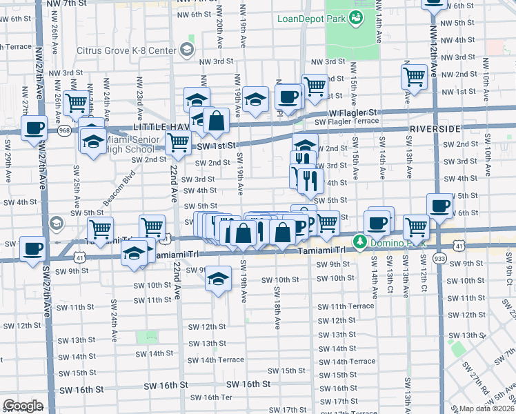 map of restaurants, bars, coffee shops, grocery stores, and more near 1869 Southwest 5th Street in Miami