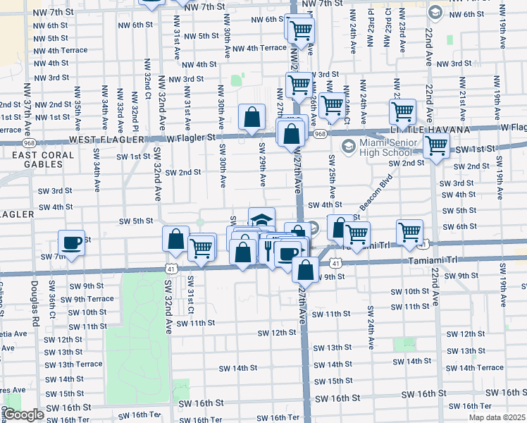 map of restaurants, bars, coffee shops, grocery stores, and more near 2835 Southwest 4th Street in Miami