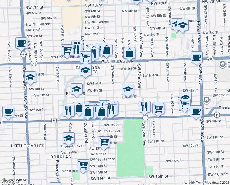map of restaurants, bars, coffee shops, grocery stores, and more near 350 Southwest 34th Avenue in Miami