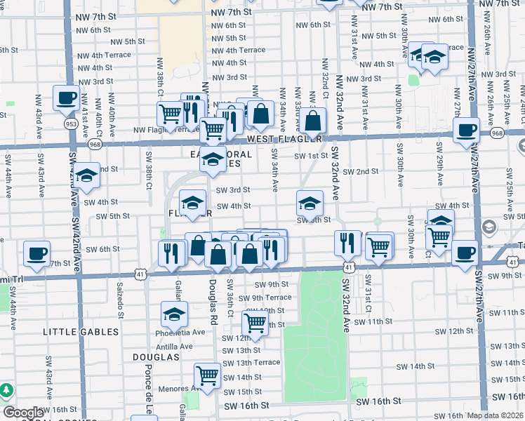 map of restaurants, bars, coffee shops, grocery stores, and more near 350 Southwest 34th Avenue in Miami