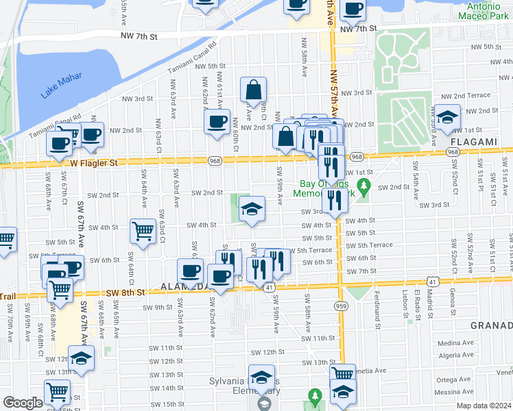 map of restaurants, bars, coffee shops, grocery stores, and more near 231 Southwest 60th Avenue in Miami