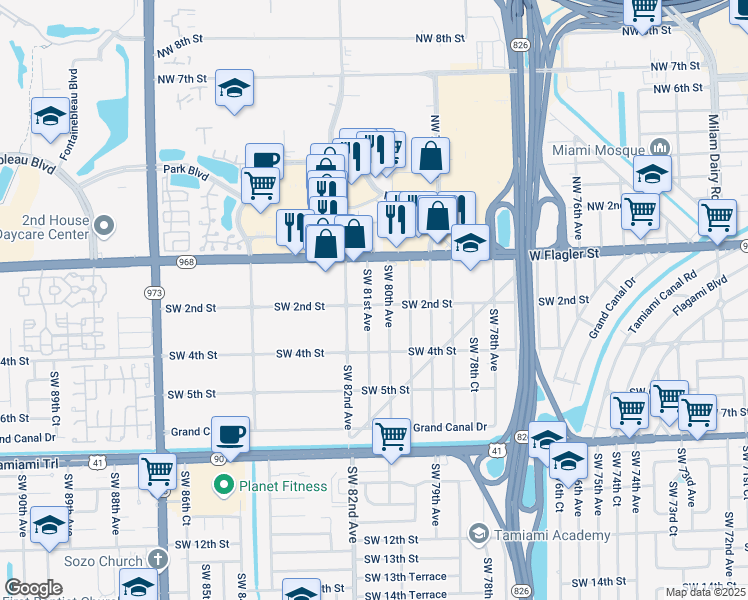 map of restaurants, bars, coffee shops, grocery stores, and more near 122 Southwest 80th Avenue in Miami