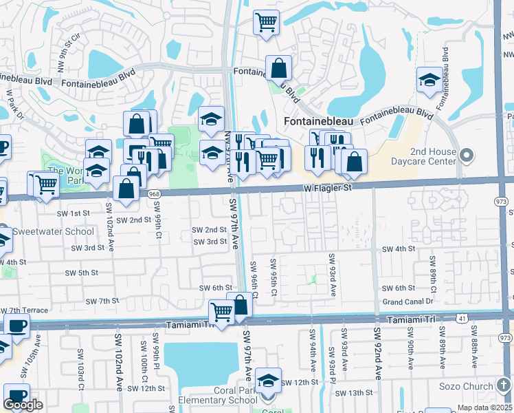 map of restaurants, bars, coffee shops, grocery stores, and more near 17 Southwest 96th Court in Miami