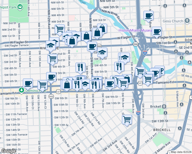 map of restaurants, bars, coffee shops, grocery stores, and more near 755 Southwest 6th Street in Miami