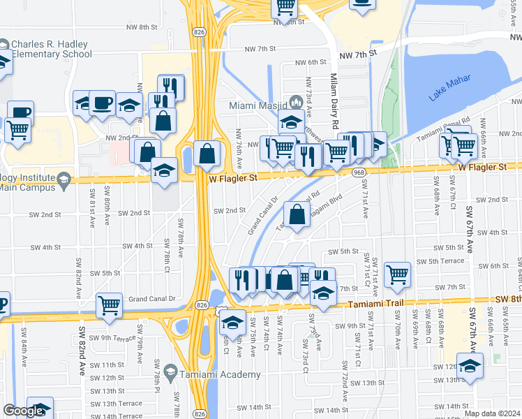 map of restaurants, bars, coffee shops, grocery stores, and more near 198 Grand Canal Drive in Miami