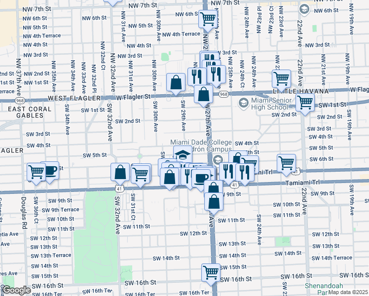 map of restaurants, bars, coffee shops, grocery stores, and more near 2835 Southwest 4th Street in Miami