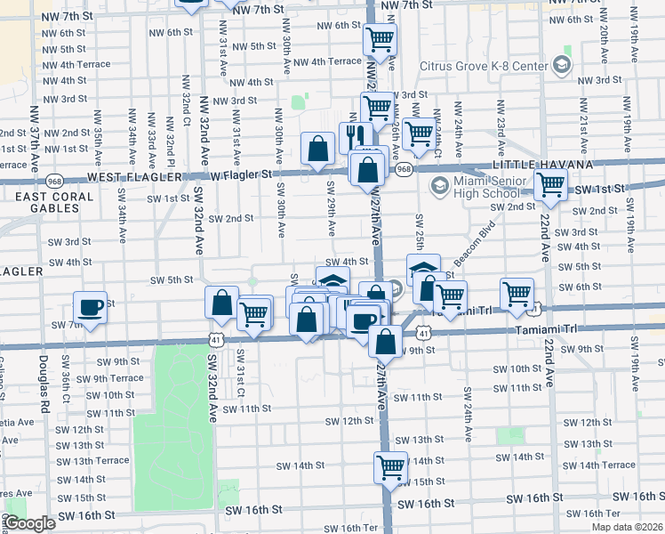 map of restaurants, bars, coffee shops, grocery stores, and more near 2835 Southwest 4th Street in Miami