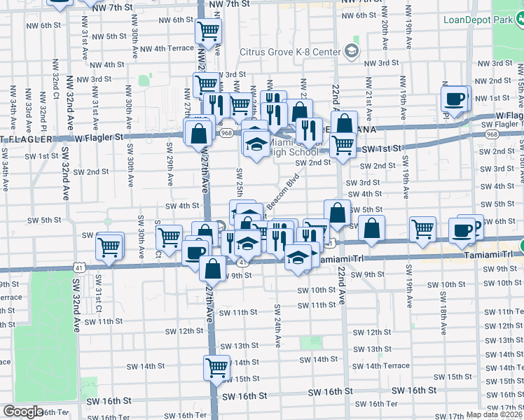 map of restaurants, bars, coffee shops, grocery stores, and more near in Miami