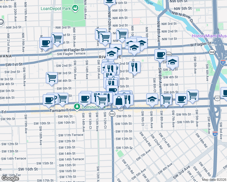 map of restaurants, bars, coffee shops, grocery stores, and more near 1160 Southwest 5th Street in Miami
