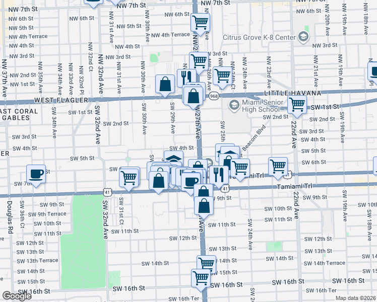 map of restaurants, bars, coffee shops, grocery stores, and more near 2725 Southwest 4th Street in Miami