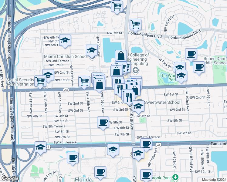 map of restaurants, bars, coffee shops, grocery stores, and more near 10841 Florida 968 in Miami