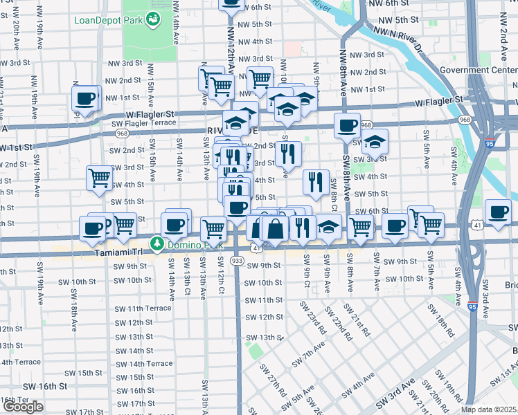 map of restaurants, bars, coffee shops, grocery stores, and more near 1060 Southwest 5th Street in Miami