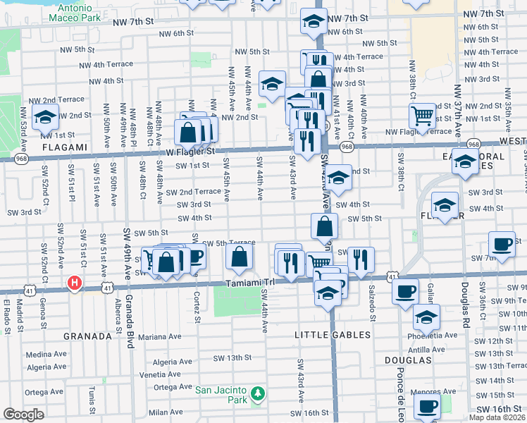 map of restaurants, bars, coffee shops, grocery stores, and more near 4410 Southwest 3rd Street in Coral Gables
