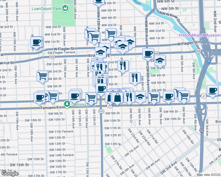 map of restaurants, bars, coffee shops, grocery stores, and more near 1060 Southwest 5th Street in Miami