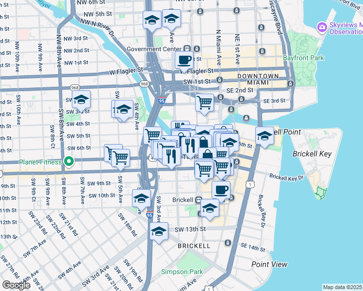 map of restaurants, bars, coffee shops, grocery stores, and more near 201 Southwest 6th Street in Miami