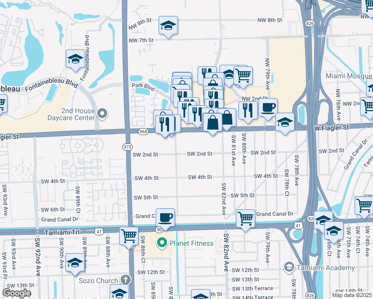 map of restaurants, bars, coffee shops, grocery stores, and more near 8355 Southwest 2nd Street in Miami