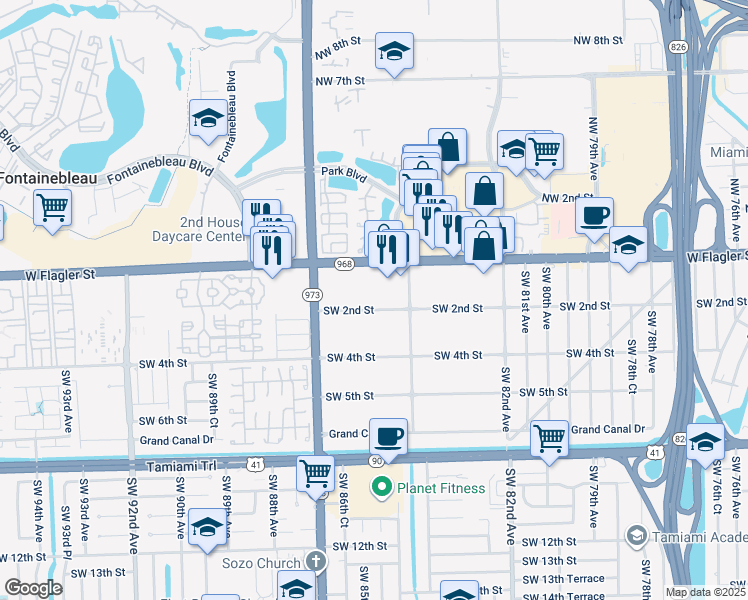 map of restaurants, bars, coffee shops, grocery stores, and more near 8455 Southwest 2nd Street in Miami