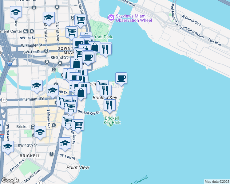map of restaurants, bars, coffee shops, grocery stores, and more near 540 Brickell Key Drive in Miami