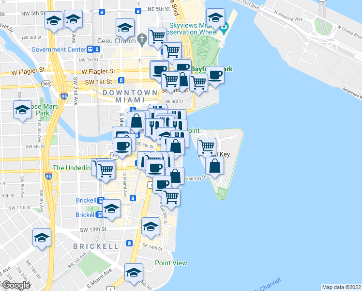 map of restaurants, bars, coffee shops, grocery stores, and more near 495 Brickell Avenue in Miami