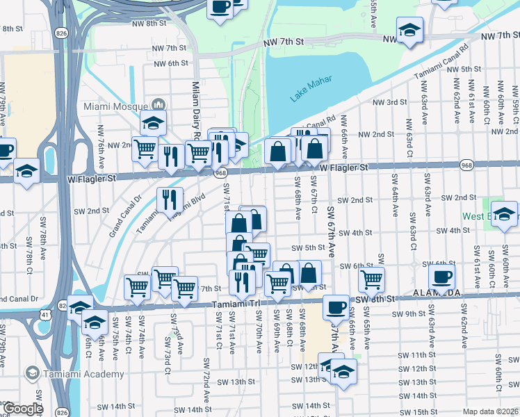 map of restaurants, bars, coffee shops, grocery stores, and more near 7001 Southwest 4th Street in Miami